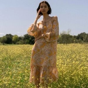 Tanuca Bertha Silk Midi Flowy Floral Off Shoukder Tiered Peasant Yellow Dress 40